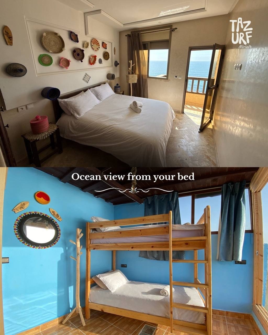 Surf House bedroom and bunk room with ocean view