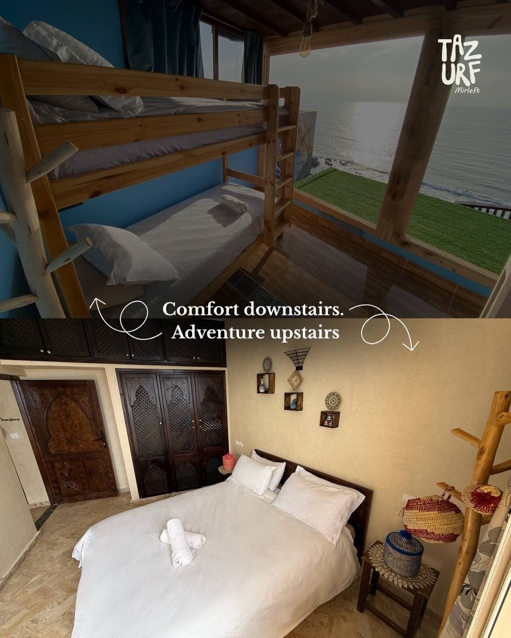 Bunk room and rooftop terrace at the Surf House