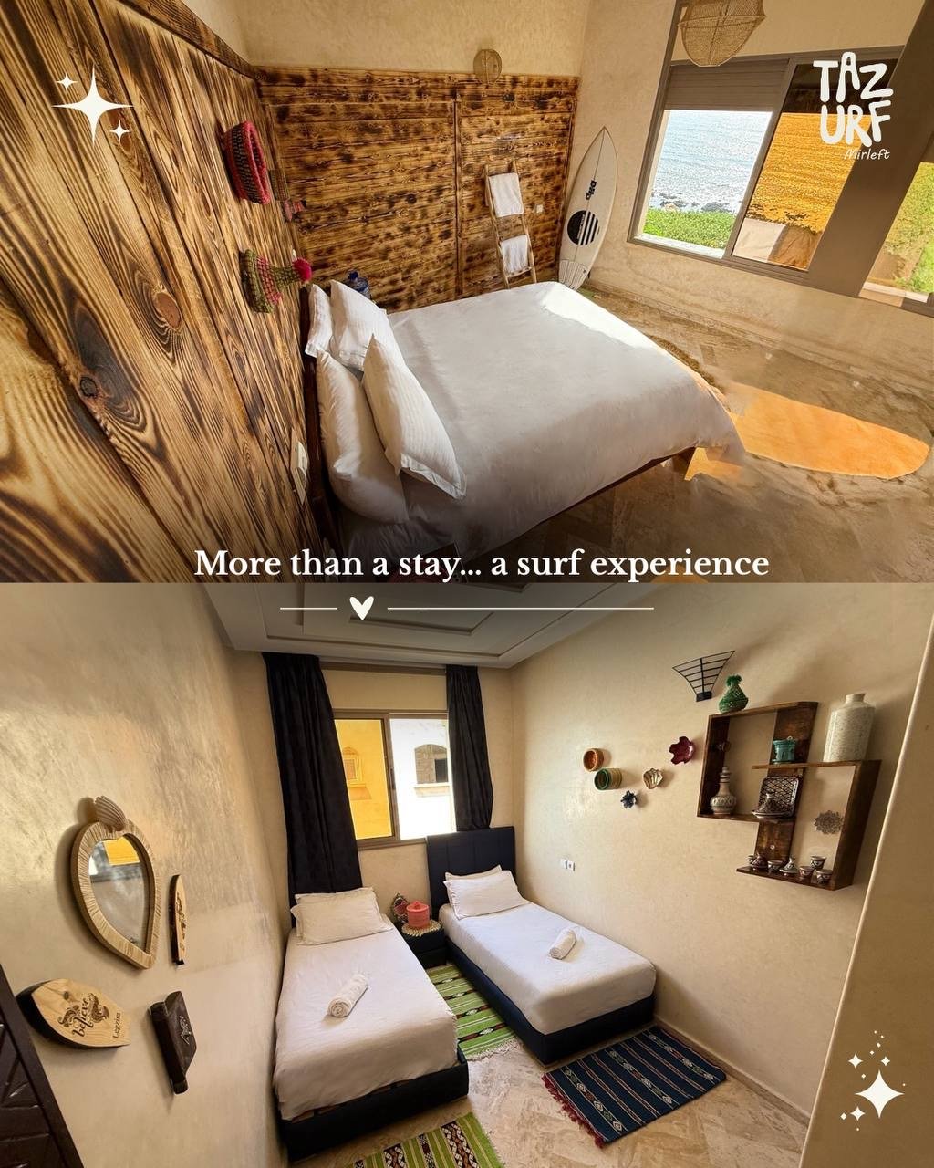 Wood-panelled room and twin bedroom at the Surf House